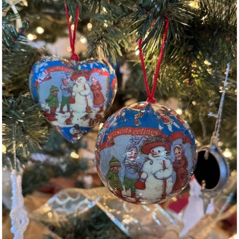 Two Vintage Lacquered Paper Mache Ornaments Christmas Snowman Red String